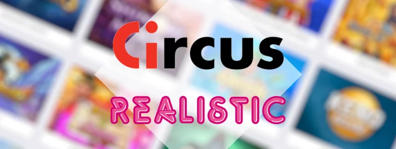 Realistic games en circus casino logo met op de achtergrond slots zoals catch 22